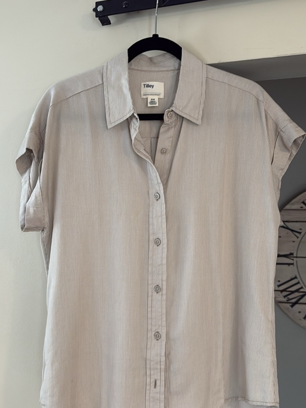 Tilley Relaxed Short-Sleeve Button Front Blouse in Light Beige